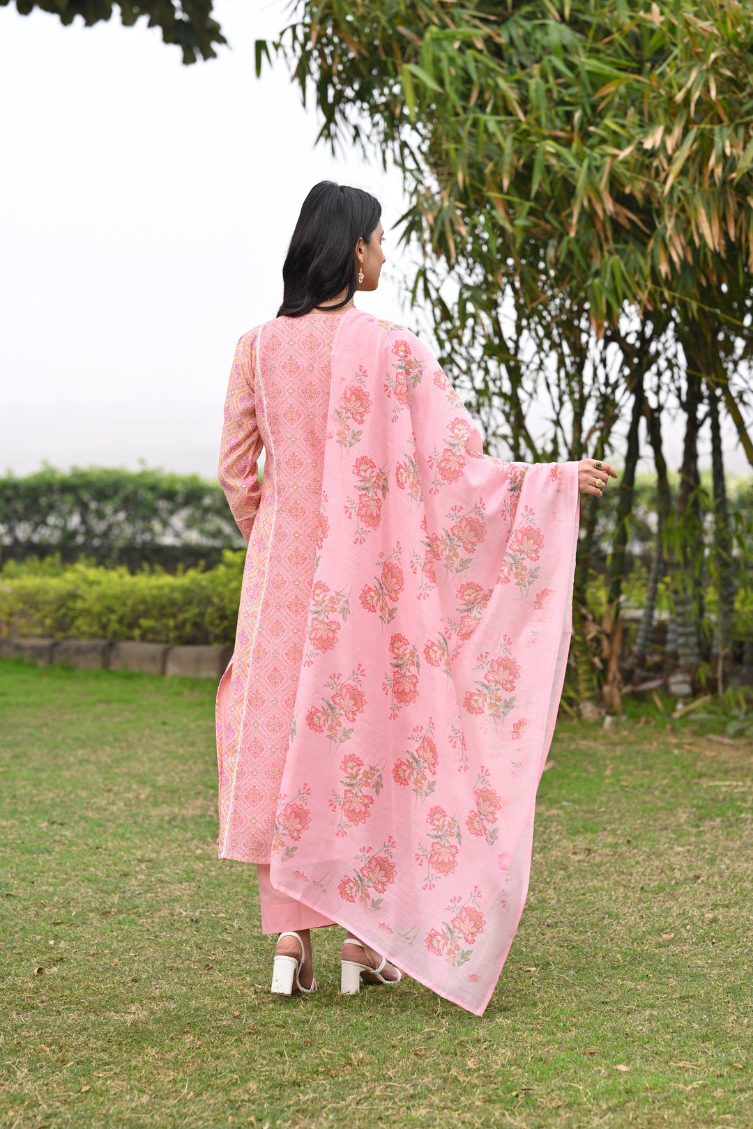 Peach and Yellow Panel Block Print A line Chanderi Suit Set - SET OF-3 | SHOBITAM
