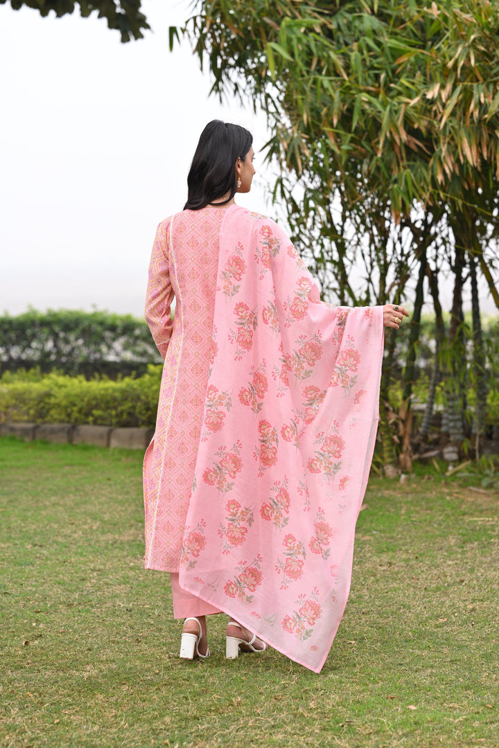 Peach and Yellow Panel Block Print A line Chanderi Suit Set - SET OF-3 | SHOBITAM