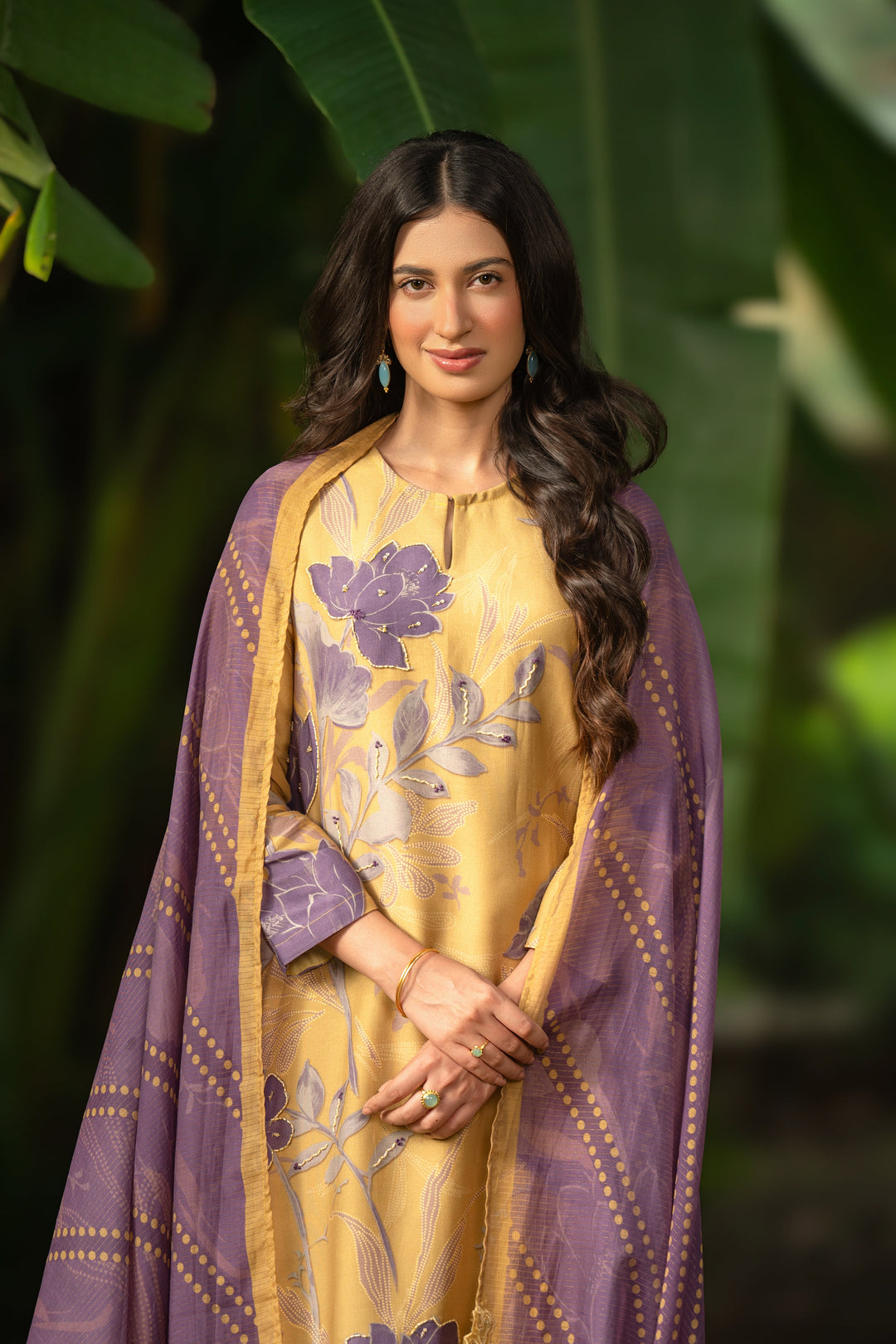 Yellow and Purple Muslin Suit Set With Cut Work Dupatta-SET OF 3 | SHOBITAM