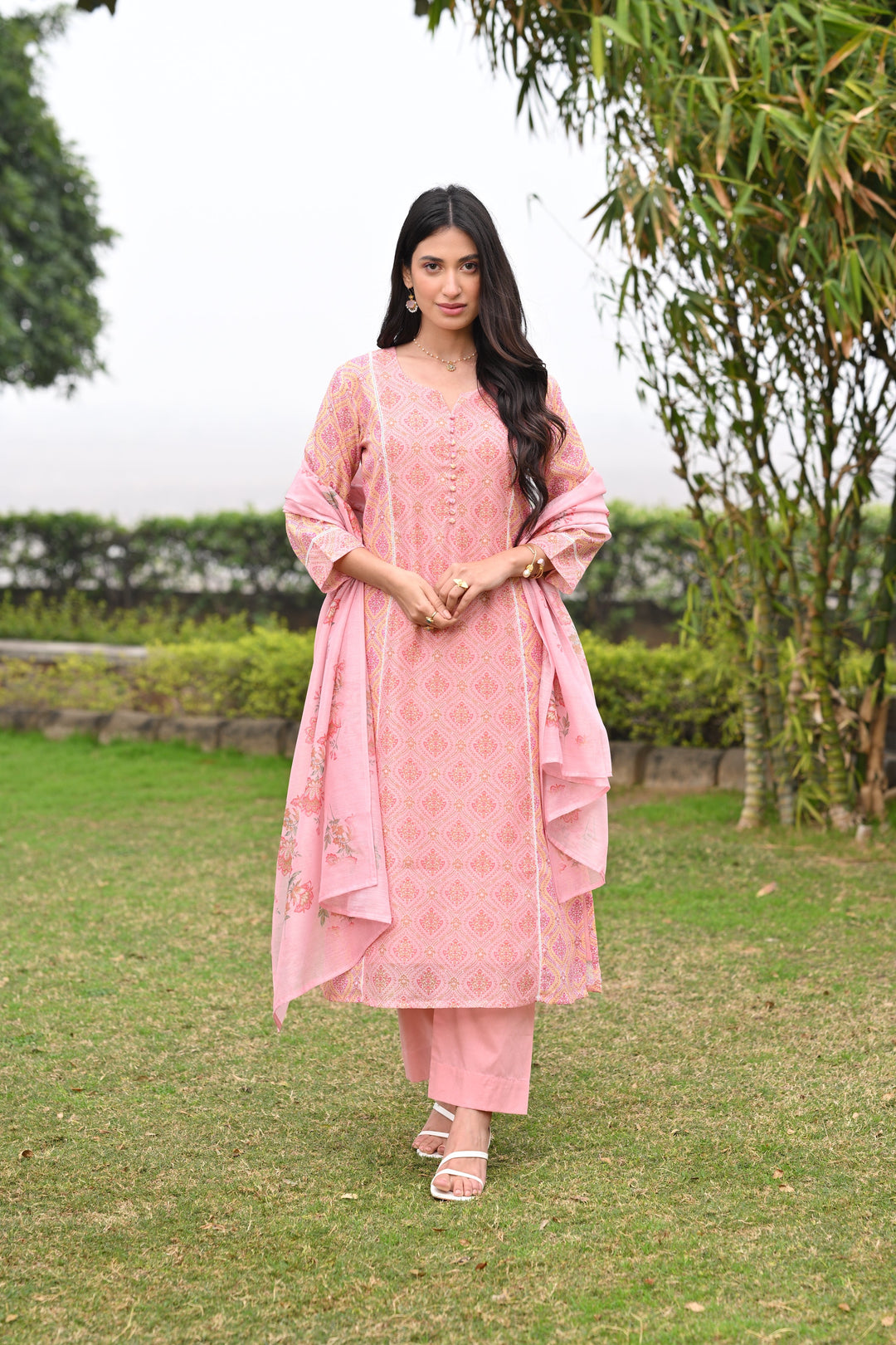 Peach and Yellow Panel Block Print A line Chanderi Suit Set - SET OF-3 | SHOBITAM