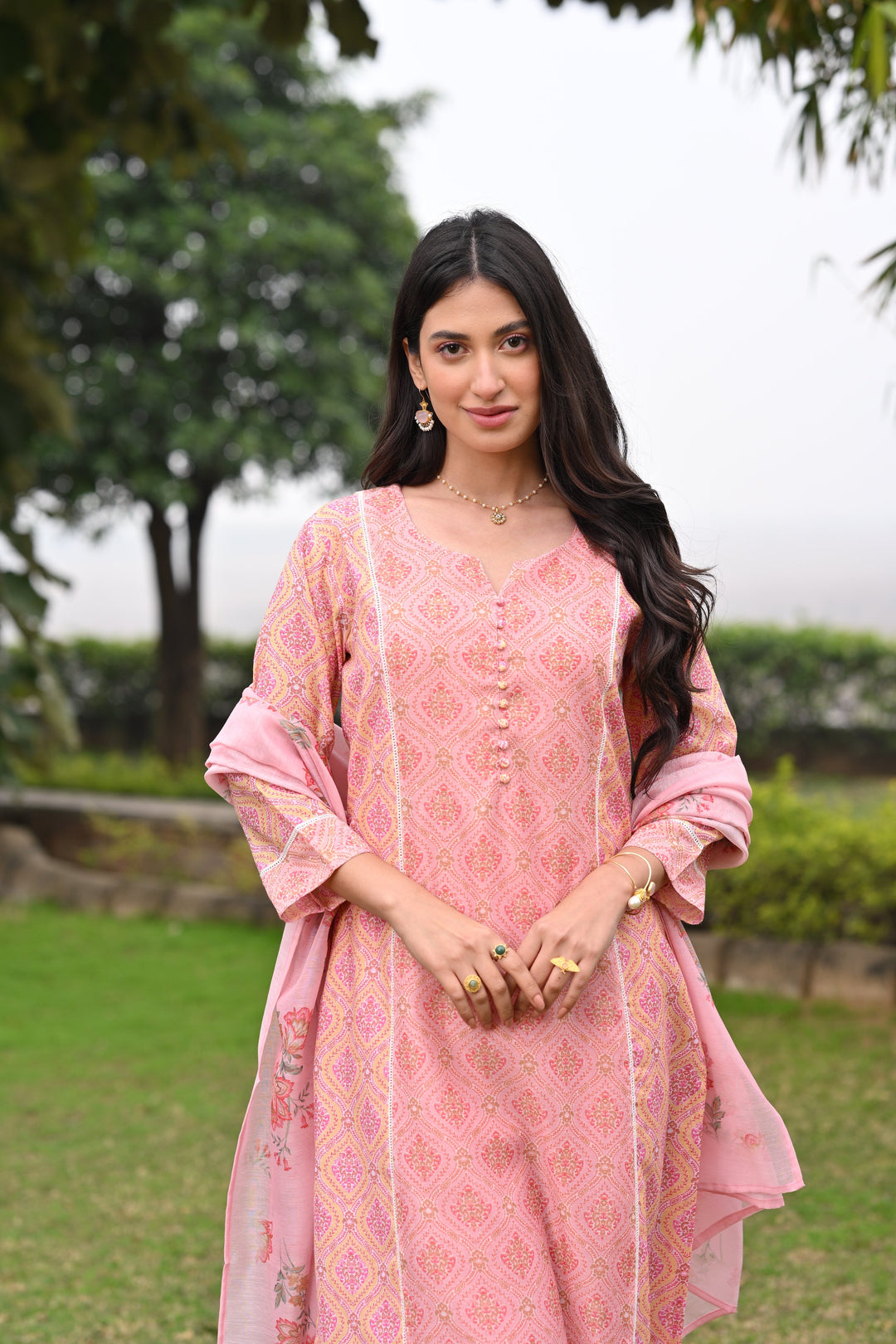 Peach and Yellow Panel Block Print A line Chanderi Suit Set - SET OF-3 | SHOBITAM