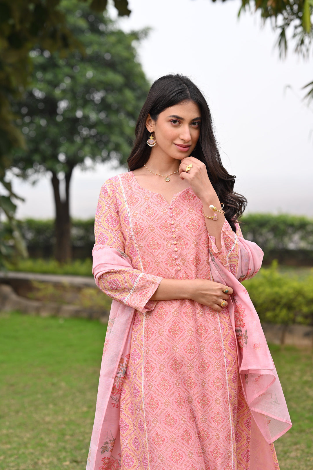 Peach and Yellow Panel Block Print A line Chanderi Suit Set - SET OF-3 | SHOBITAM