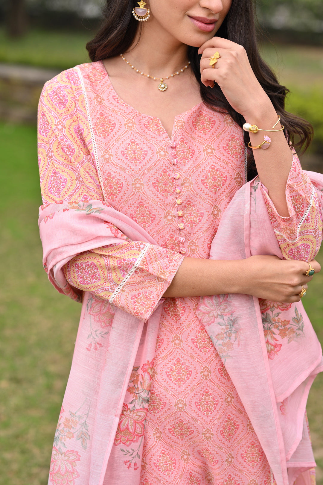 Peach and Yellow Panel Block Print A line Chanderi Suit Set - SET OF-3 | SHOBITAM