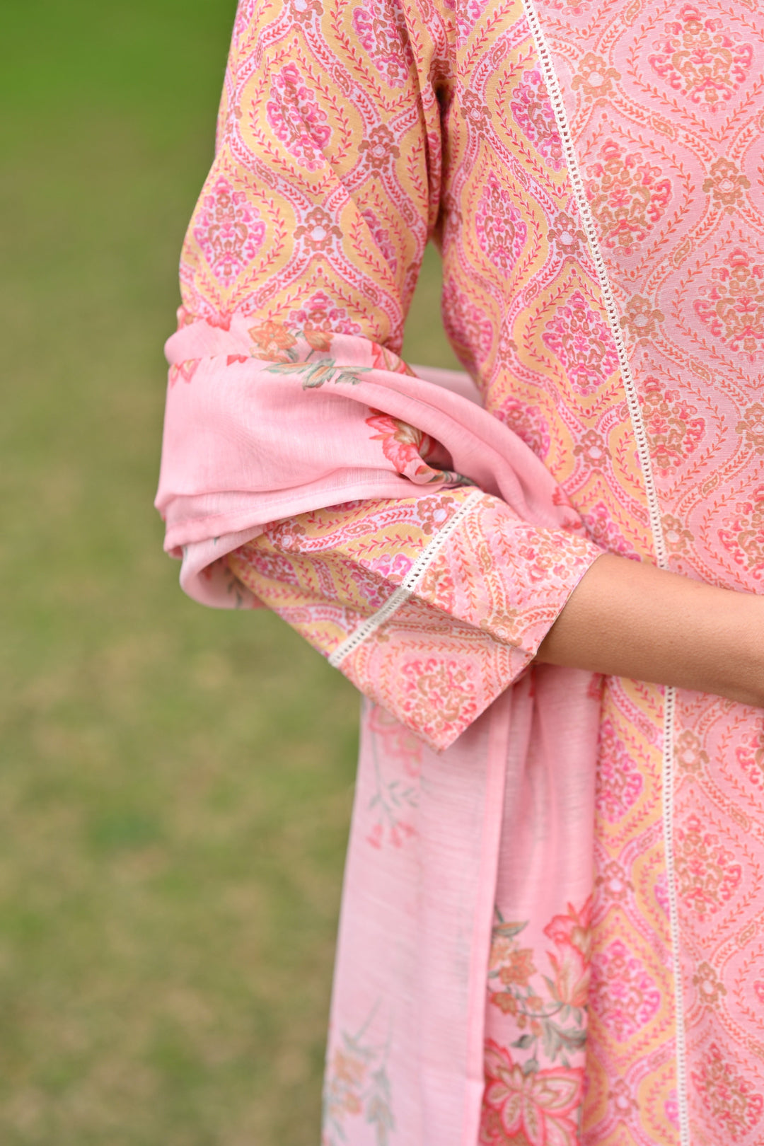 Peach and Yellow Panel Block Print A line Chanderi Suit Set - SET OF-3 | SHOBITAM