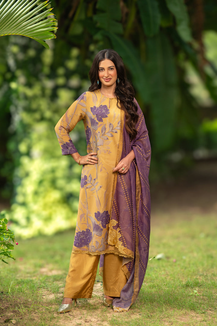 Yellow and Purple Muslin Suit Set With Cut Work Dupatta-SET OF 3 | SHOBITAM