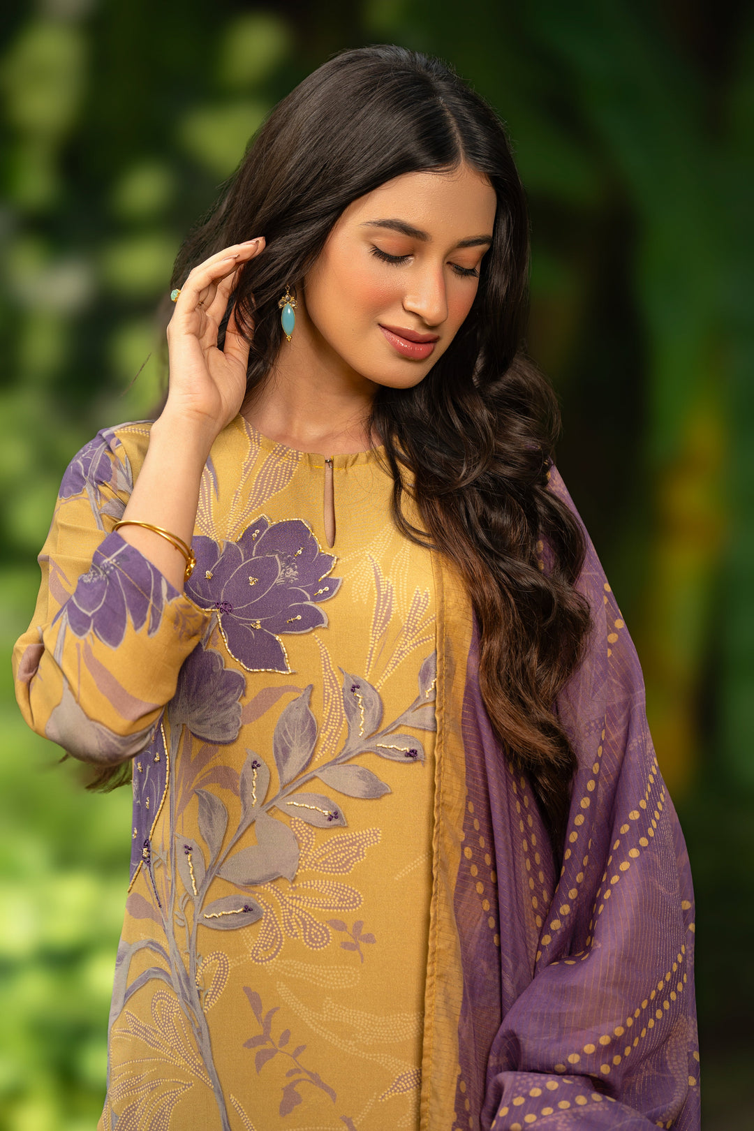 Yellow and Purple Muslin Suit Set With Cut Work Dupatta-SET OF 3 | SHOBITAM