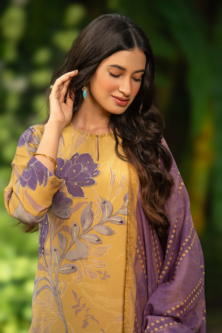 Yellow and Purple Muslin Suit Set With Cut Work Dupatta-SET OF 3 | SHOBITAM
