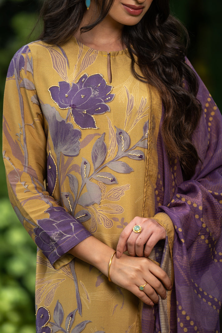 Yellow and Purple Muslin Suit Set With Cut Work Dupatta-SET OF 3 | SHOBITAM