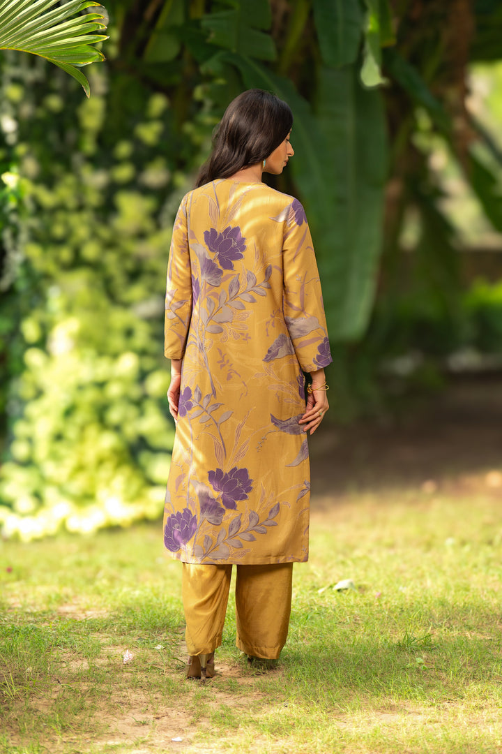Yellow and Purple Muslin Suit Set With Cut Work Dupatta-SET OF 3 | SHOBITAM