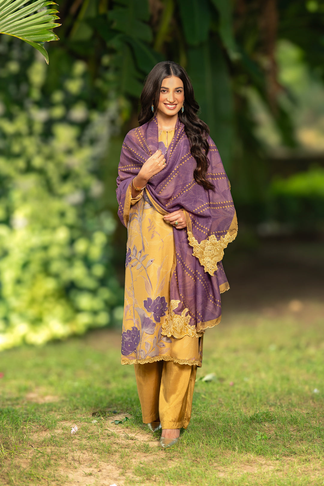 Yellow and Purple Muslin Suit Set With Cut Work Dupatta-SET OF 3 | SHOBITAM