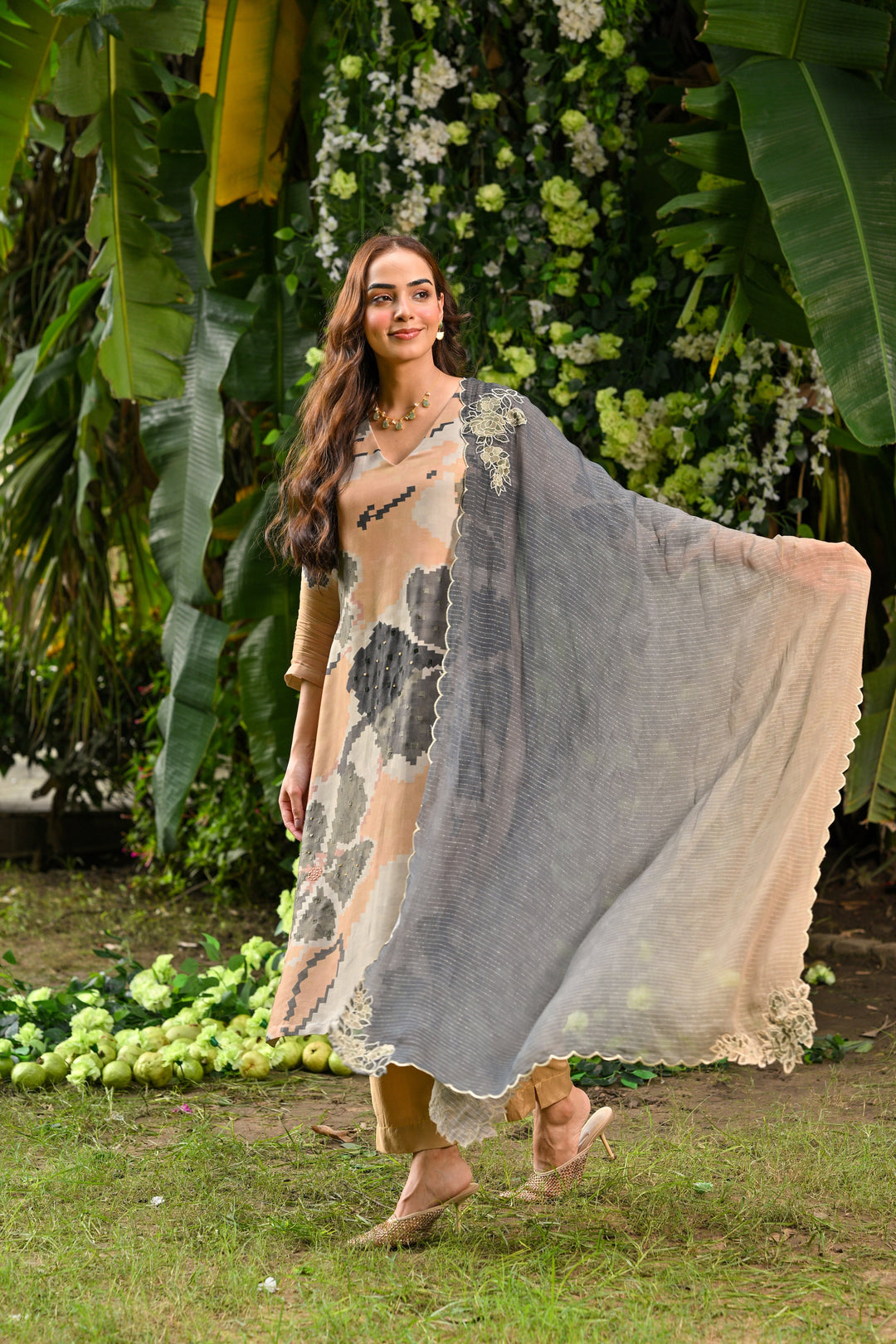 Geometric Floral Print Muslin Shimmer Suit Set with Thredle Work Handwork and Organza Zari Dupatta with Embroidered Cut Work and Scallope Pattern - SET OF-3 | SHOBITAM