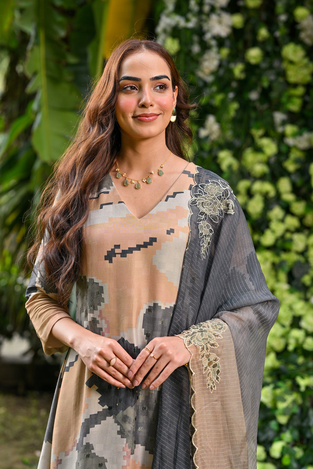 Geometric Floral Print Muslin Shimmer Suit Set with Thredle Work Handwork and Organza Zari Dupatta with Embroidered Cut Work and Scallope Pattern - SET OF-3 | SHOBITAM