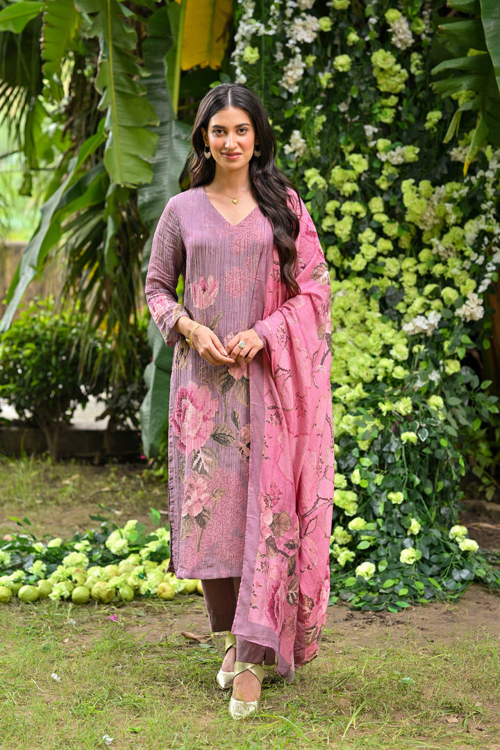 Rose lavender Pink Crush Muslin Suit Set with Sheen Effect and Zari thredle work- SET OF -3 | SHOBITAM