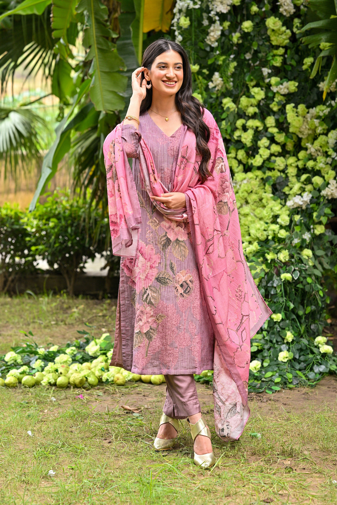 Rose lavender Pink Crush Muslin Suit Set with Sheen Effect and Zari thredle work- SET OF -3 | SHOBITAM