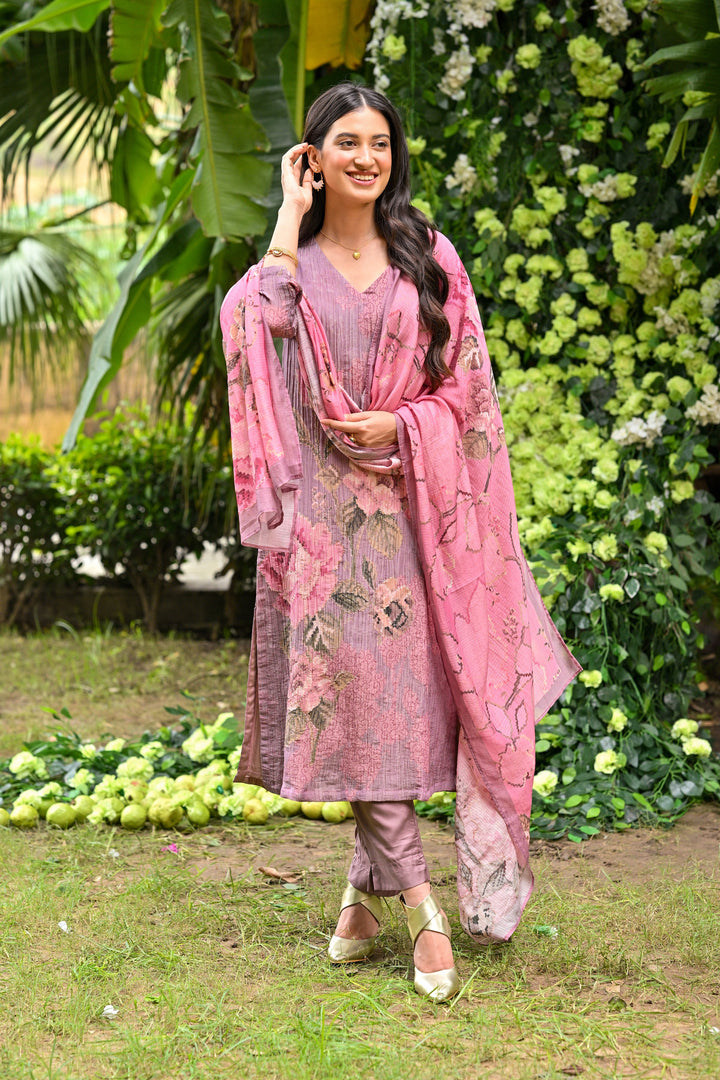 Rose lavender Pink Crush Muslin Suit Set with Sheen Effect and Zari thredle work- SET OF -3 | SHOBITAM