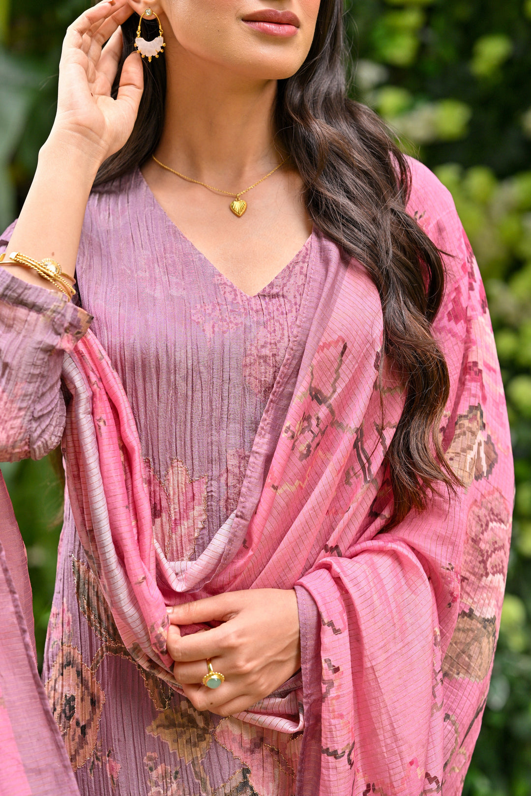Rose lavender Pink Crush Muslin Suit Set with Sheen Effect and Zari thredle work- SET OF -3 | SHOBITAM