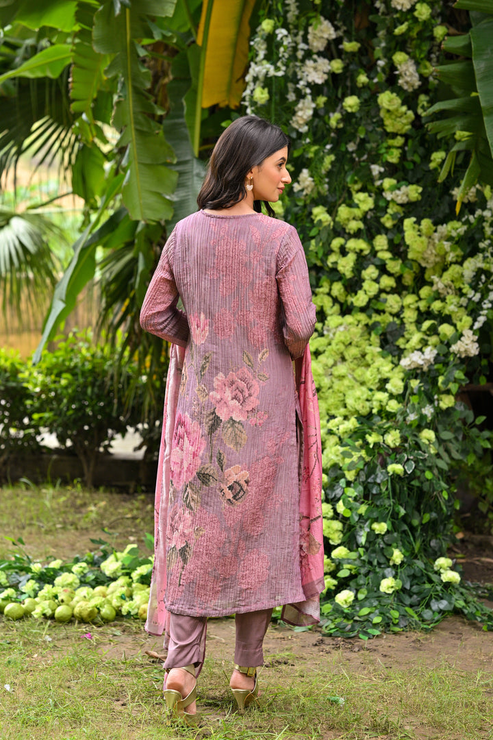 Rose lavender Pink Crush Muslin Suit Set with Sheen Effect and Zari thredle work- SET OF -3 | SHOBITAM