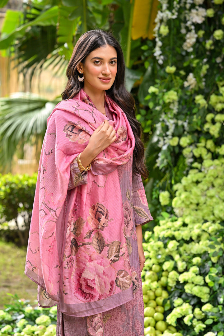 Rose lavender Pink Crush Muslin Suit Set with Sheen Effect and Zari thredle work- SET OF -3 | SHOBITAM