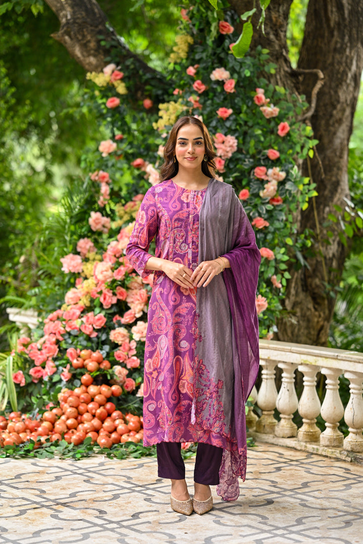 Purple Paisley Pure muslin Suit Set with Zari Thredle work and Shaded Cut work Dupatta - SET OF-3 | SHOBITAM