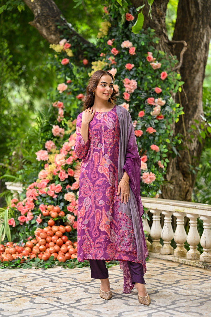 Purple Paisley Pure muslin Suit Set with Zari Thredle work and Shaded Cut work Dupatta - SET OF-3 | SHOBITAM