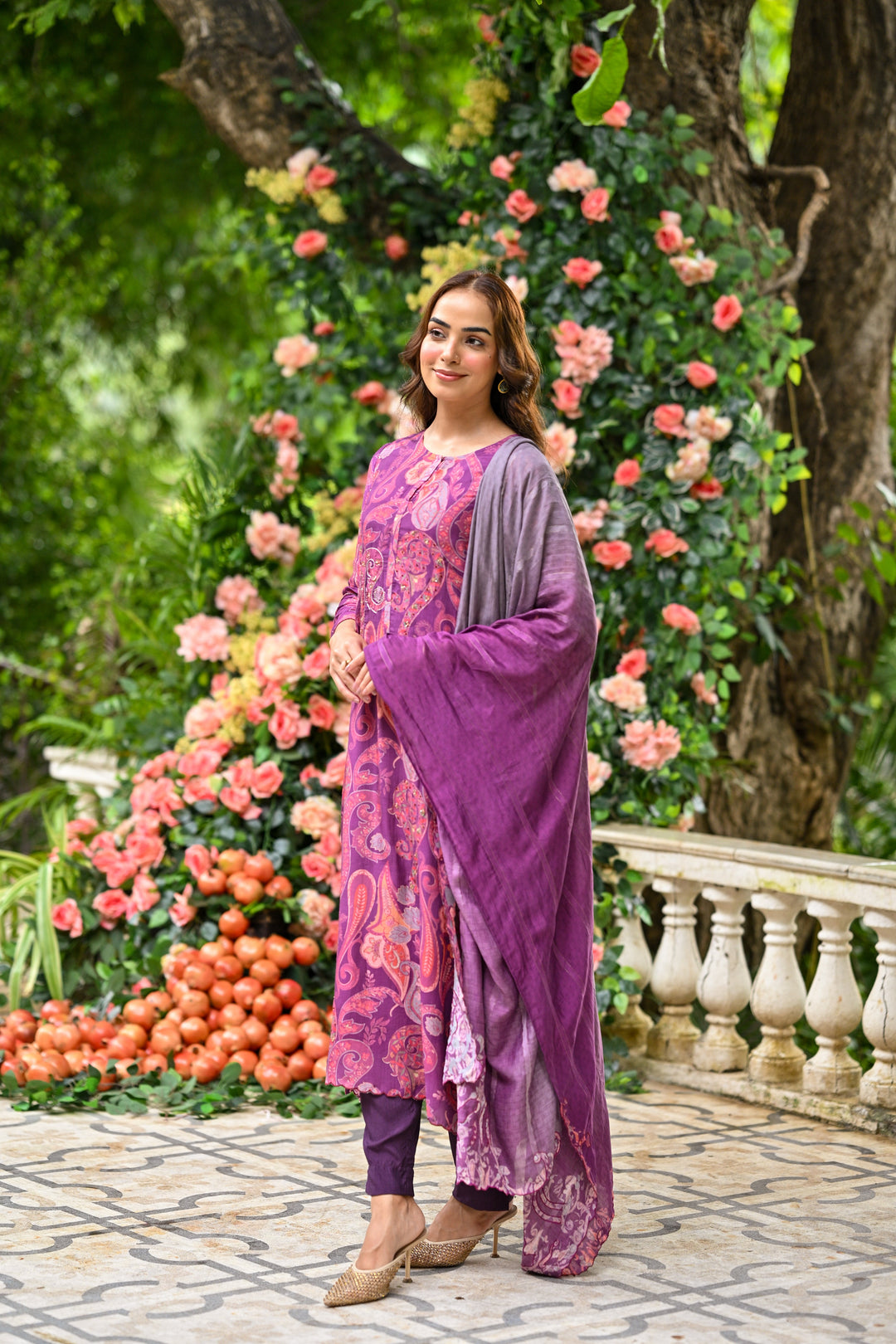 Purple Paisley Pure muslin Suit Set with Zari Thredle work and Shaded Cut work Dupatta - SET OF-3 | SHOBITAM