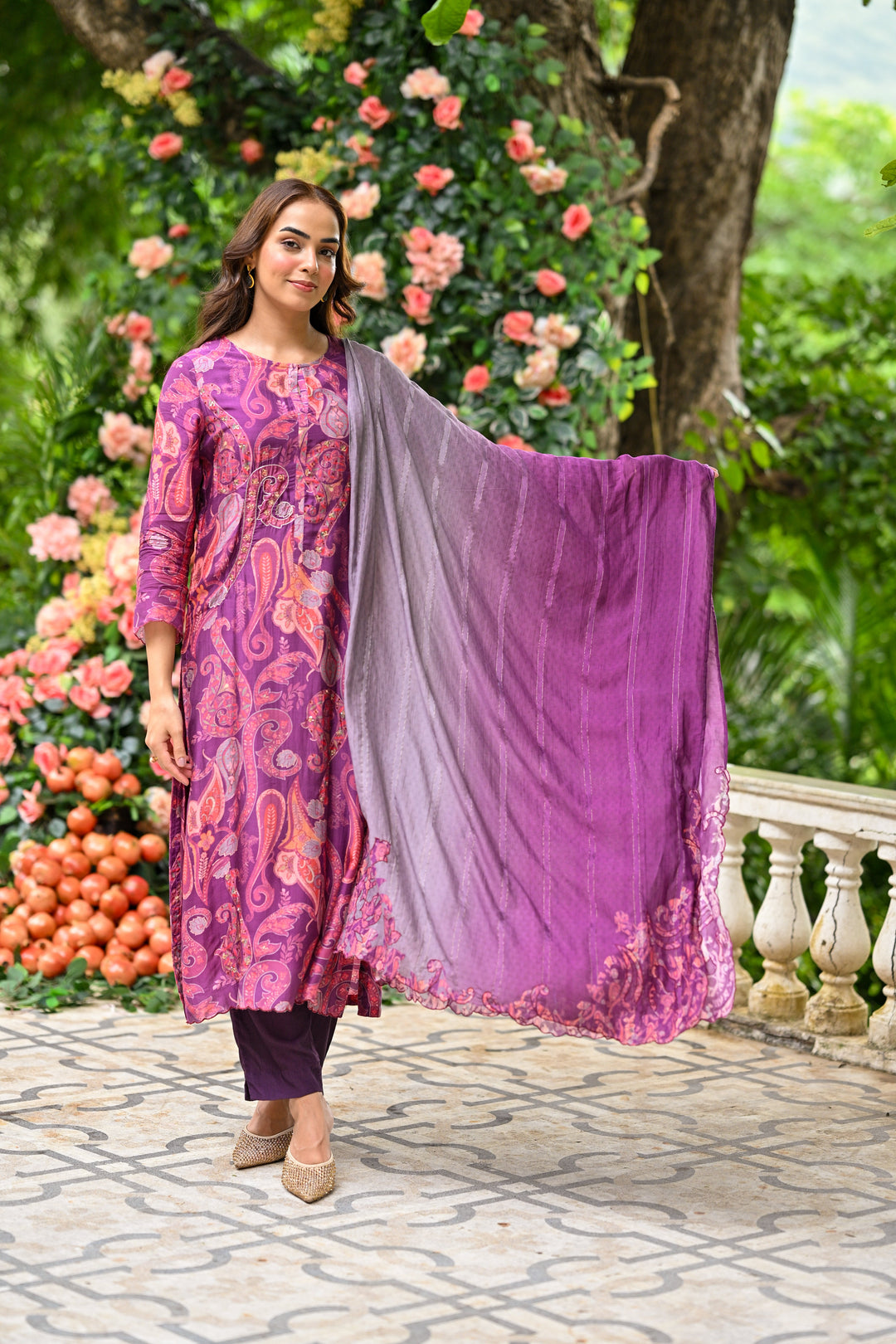 Purple Paisley Pure muslin Suit Set with Zari Thredle work and Shaded Cut work Dupatta - SET OF-3 | SHOBITAM