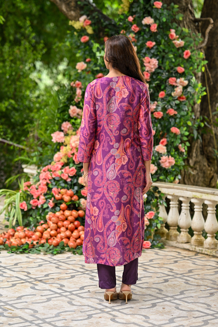 Purple Paisley Pure muslin Suit Set with Zari Thredle work and Shaded Cut work Dupatta - SET OF-3 | SHOBITAM