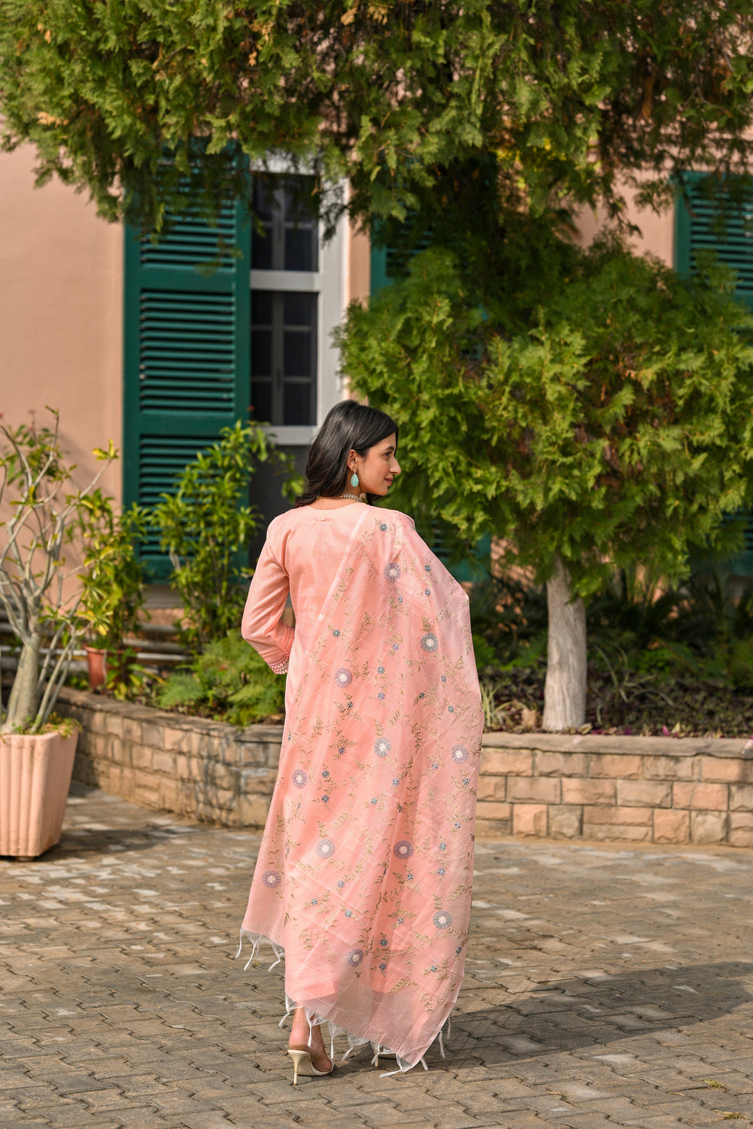 Peach Spring Kota Doriya Thread Work Embroidery Suit Set with Lace -SET OF-3 | SHOBITAM