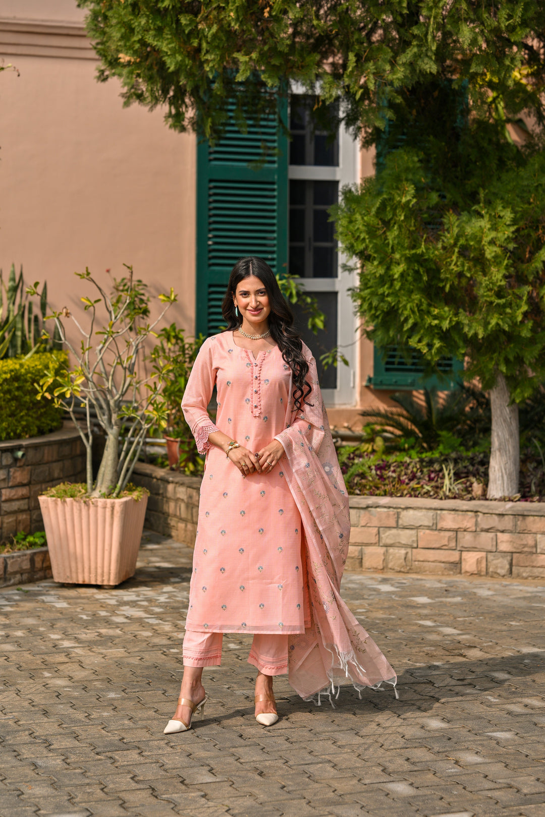 Peach Spring Kota Doriya Thread Work Embroidery Suit Set with Lace -SET OF-3 | SHOBITAM