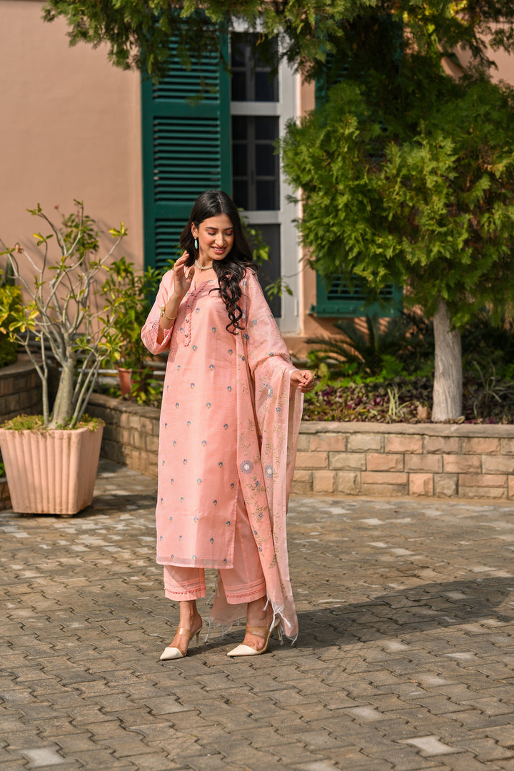 Peach Spring Kota Doriya Thread Work Embroidery Suit Set with Lace -SET OF-3 | SHOBITAM
