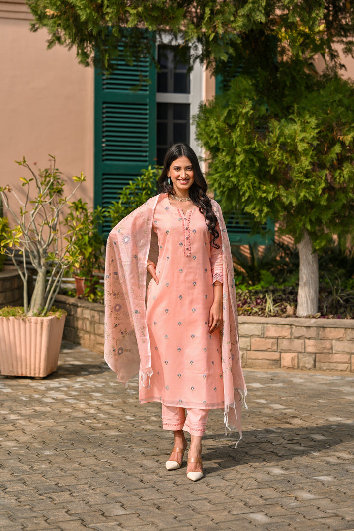 Peach Spring Kota Doriya Thread Work Embroidery Suit Set with Lace -SET OF-3 | SHOBITAM
