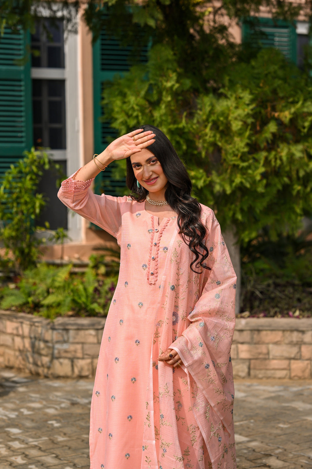 Peach Spring Kota Doriya Thread Work Embroidery Suit Set with Lace -SET OF-3 | SHOBITAM