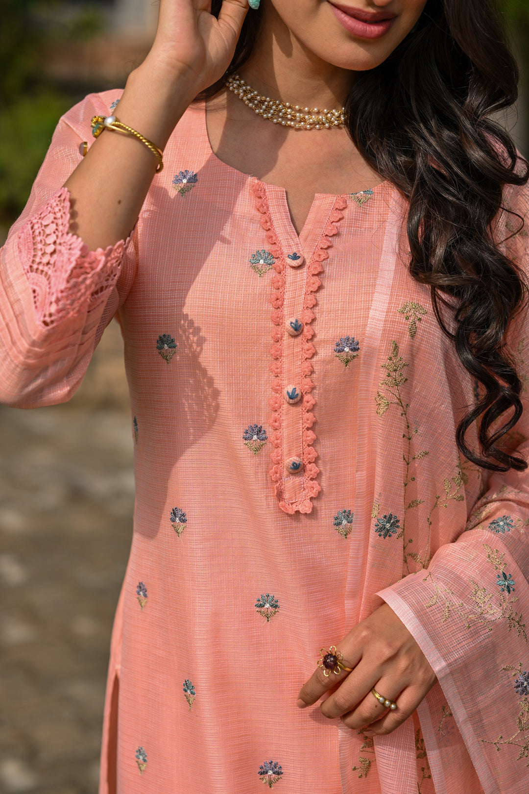 Peach Spring Kota Doriya Thread Work Embroidery Suit Set with Lace -SET OF-3 | SHOBITAM