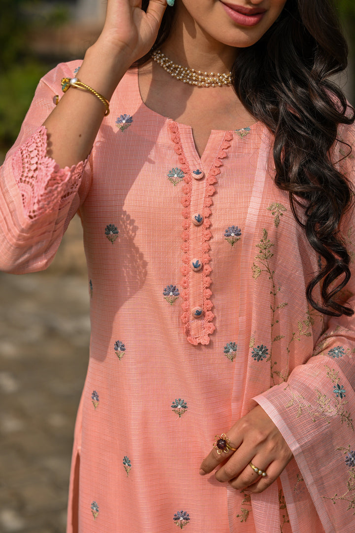 Peach Spring Kota Doriya Thread Work Embroidery Suit Set with Lace -SET OF-3 | SHOBITAM