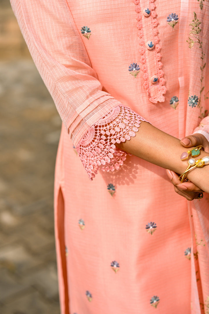 Peach Spring Kota Doriya Thread Work Embroidery Suit Set with Lace -SET OF-3 | SHOBITAM