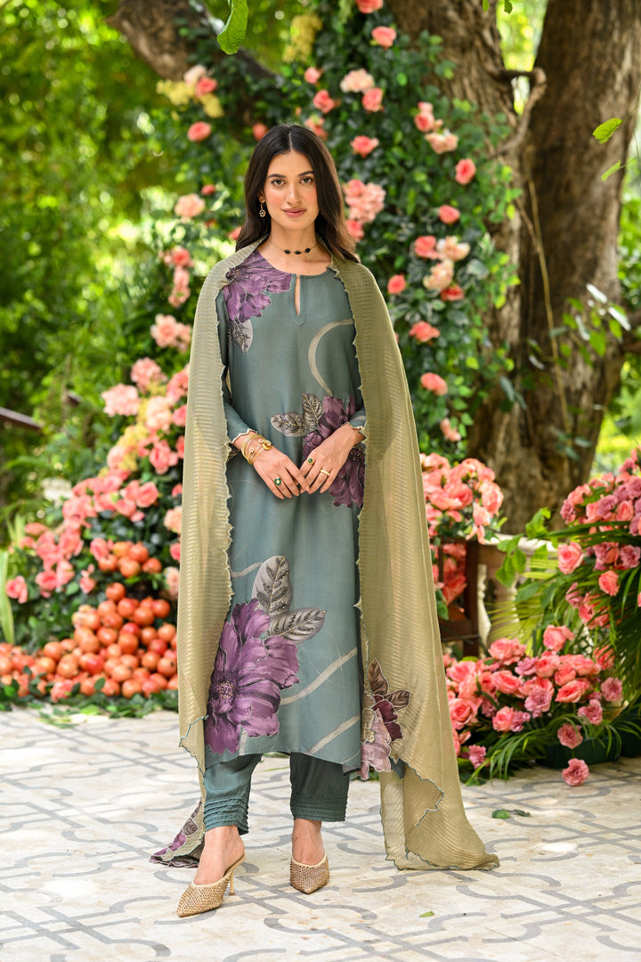 Teal Green With Purple Floral Print Suit Set with Cut Work and Scallope Dupatta with Beads and Zari Thredle Work - SET OF -3 | SHOBITAM