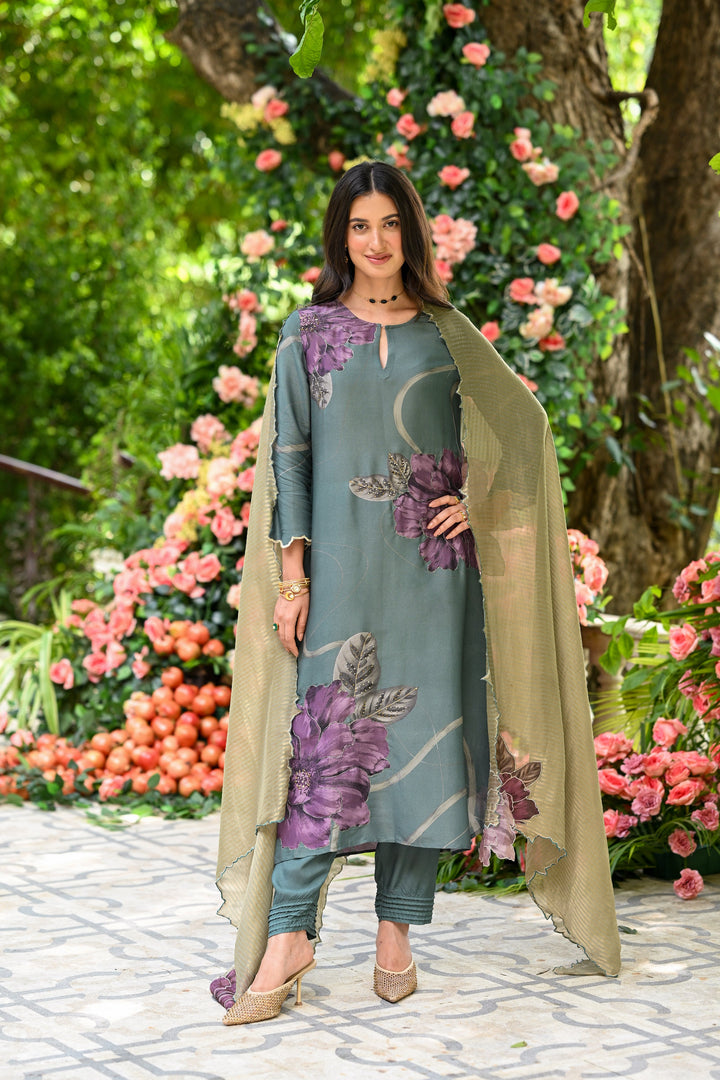 Teal Green With Purple Floral Print Suit Set with Cut Work and Scallope Dupatta with Beads and Zari Thredle Work - SET OF -3 | SHOBITAM