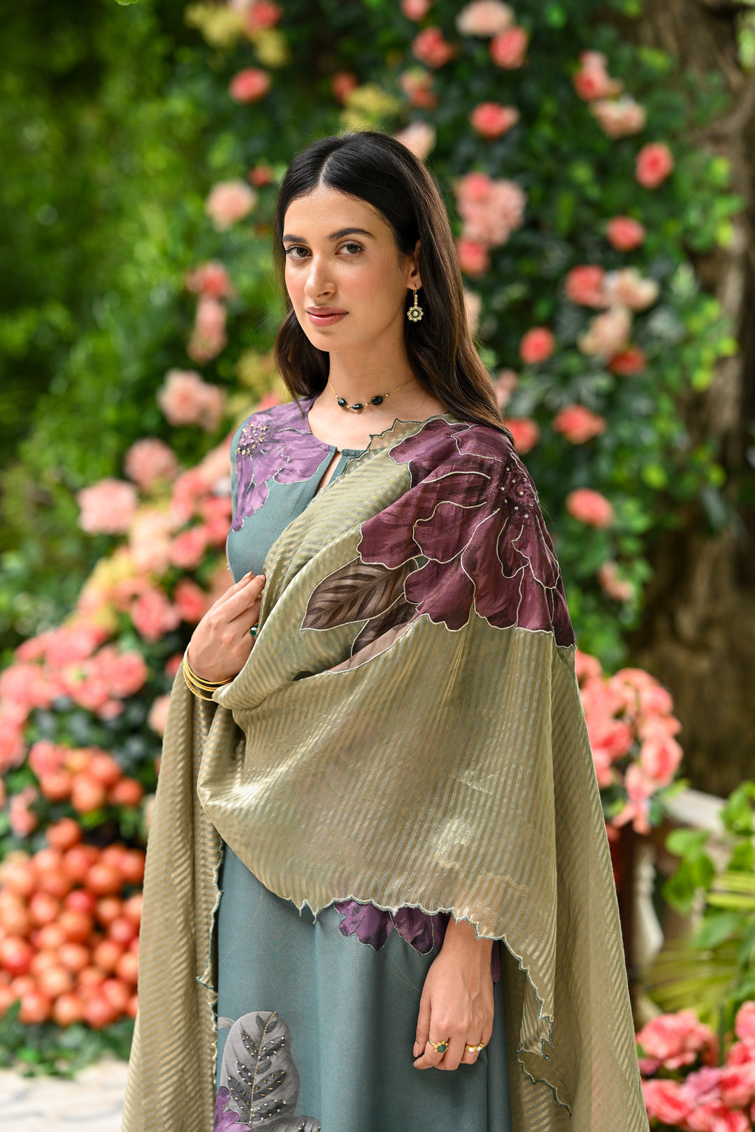 Teal Green With Purple Floral Print Suit Set with Cut Work and Scallope Dupatta with Beads and Zari Thredle Work - SET OF -3 | SHOBITAM