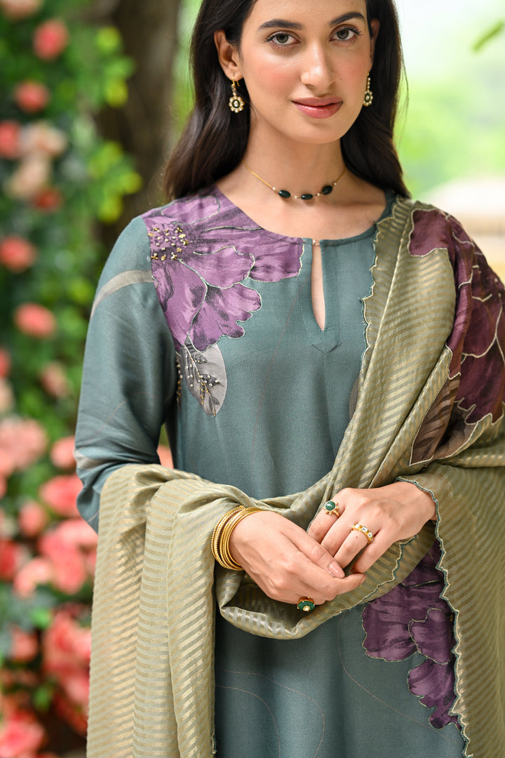 Teal Green With Purple Floral Print Suit Set with Cut Work and Scallope Dupatta with Beads and Zari Thredle Work - SET OF -3 | SHOBITAM