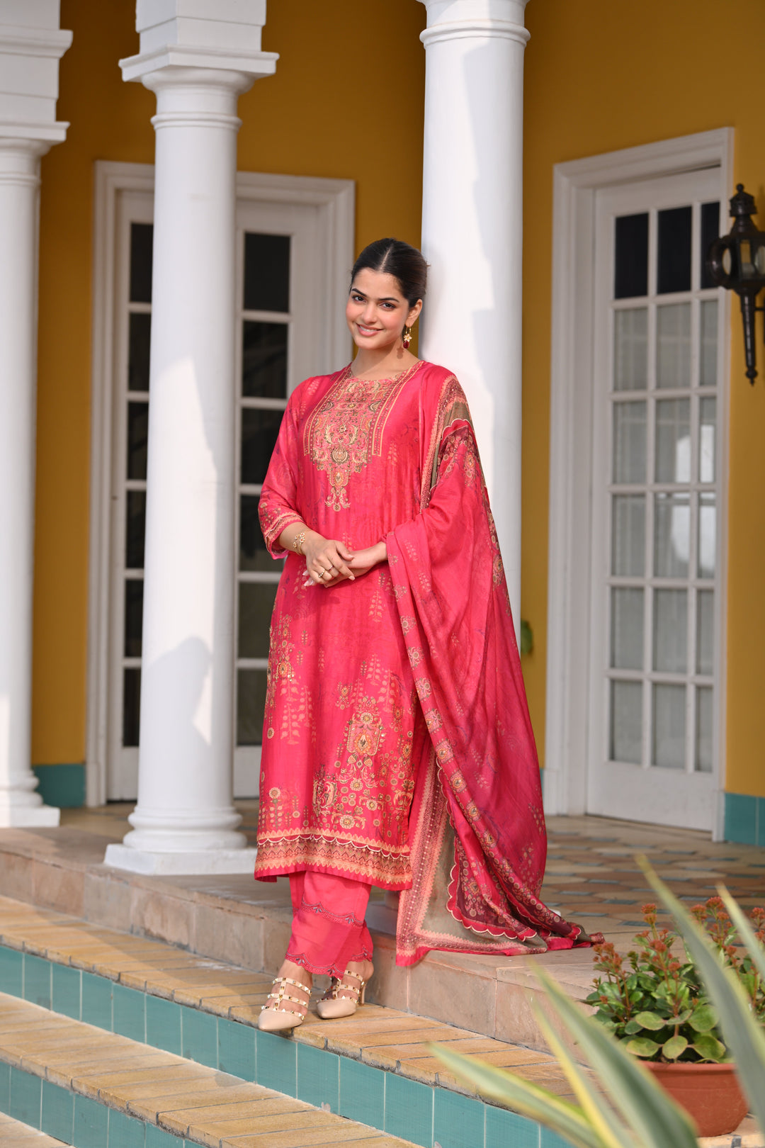 Deep Fuschia Pink Fagun Scallope Work Muslin Suit Set - SET OF-3 | SHOBITAM