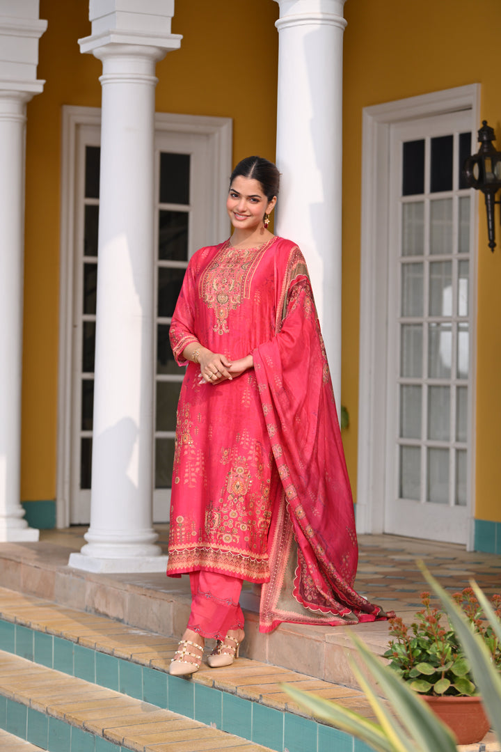 Deep Fuschia Pink Fagun Scallope Work Muslin Suit Set - SET OF-3 | SHOBITAM