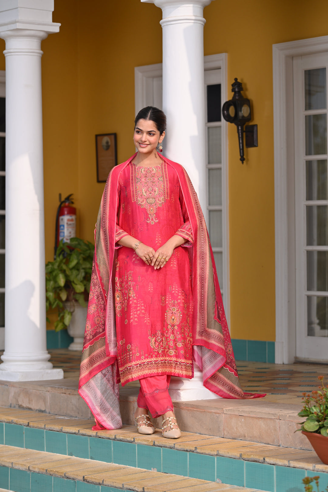 Deep Fuschia Pink Fagun Scallope Work Muslin Suit Set - SET OF-3 | SHOBITAM