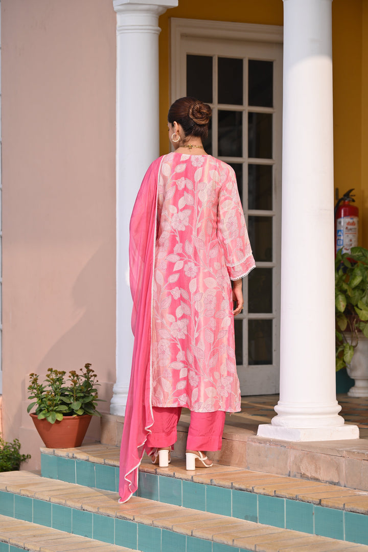 Spring Shaded Pink Muslin Suit Set with Chiffon Dupatta and Lace -SET OF-3 | SHOBITAM