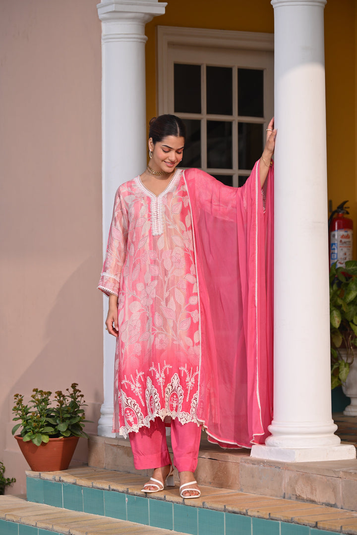 Spring Shaded Pink Muslin Suit Set with Chiffon Dupatta and Lace -SET OF-3 | SHOBITAM