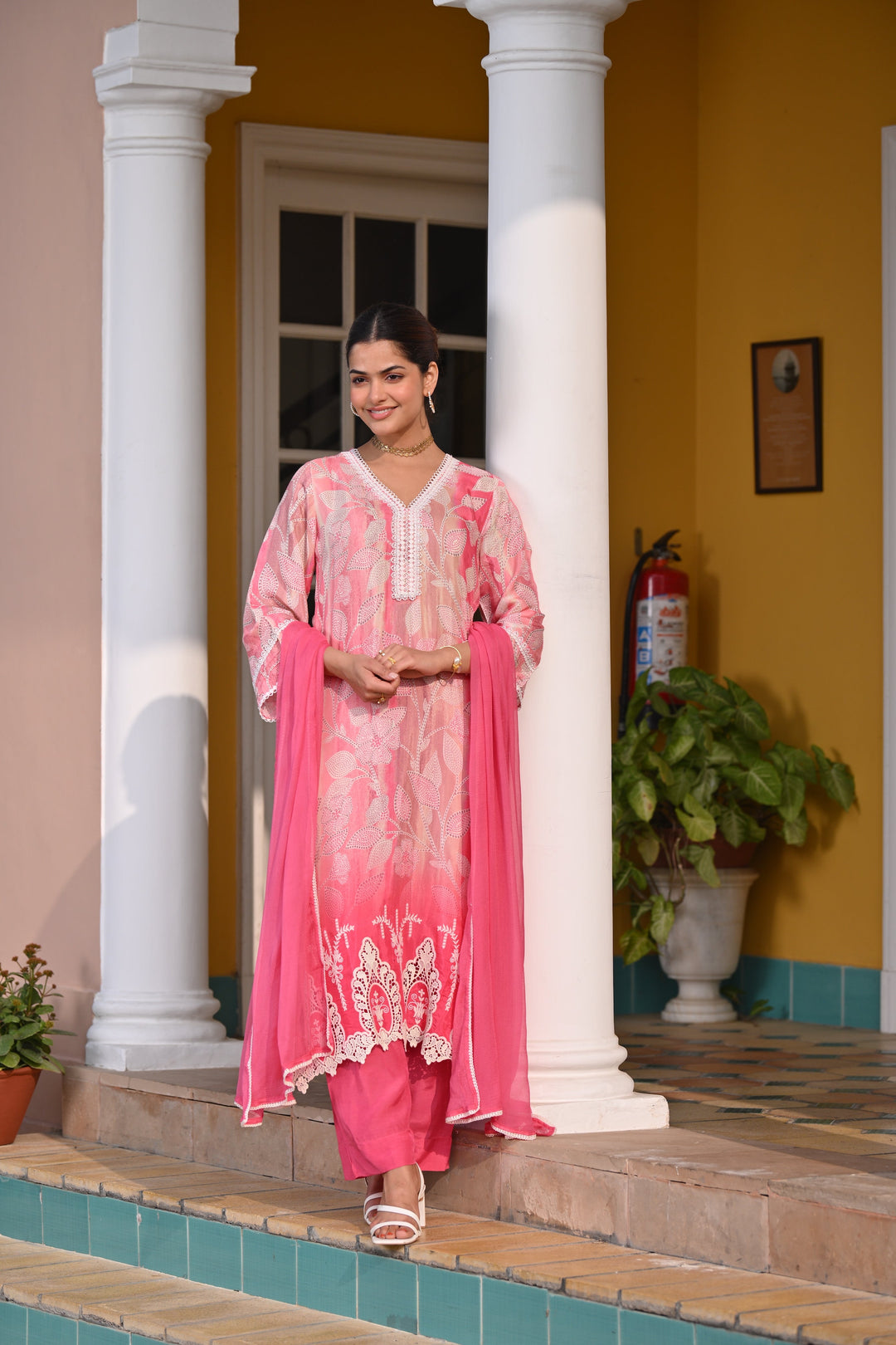 Spring Shaded Pink Muslin Suit Set with Chiffon Dupatta and Lace -SET OF-3 | SHOBITAM