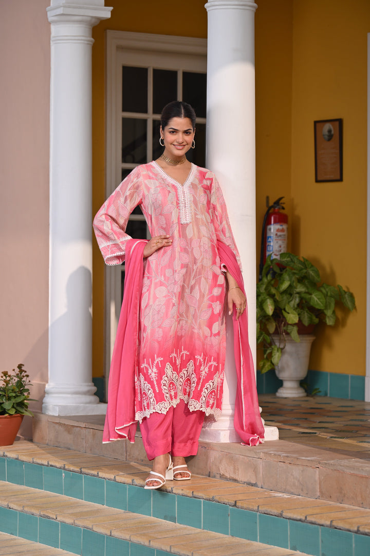 Spring Shaded Pink Muslin Suit Set with Chiffon Dupatta and Lace -SET OF-3 | SHOBITAM