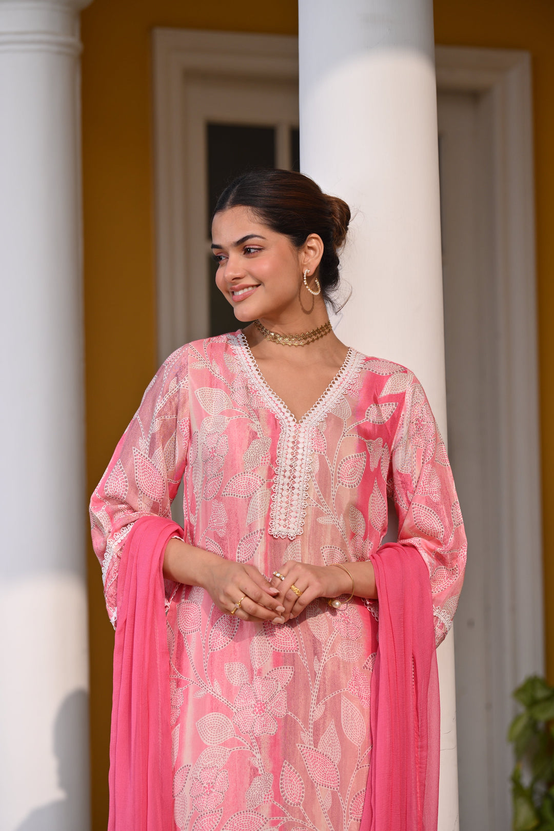 Spring Shaded Pink Muslin Suit Set with Chiffon Dupatta and Lace -SET OF-3 | SHOBITAM