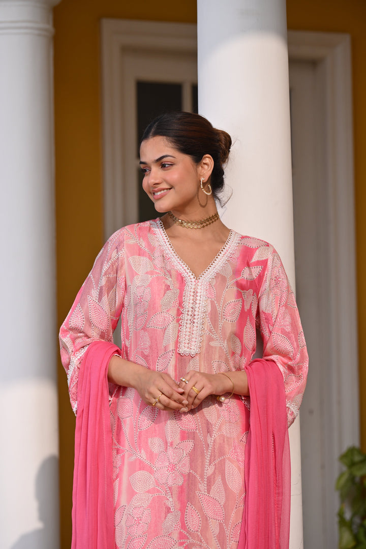 Spring Shaded Pink Muslin Suit Set with Chiffon Dupatta and Lace -SET OF-3 | SHOBITAM