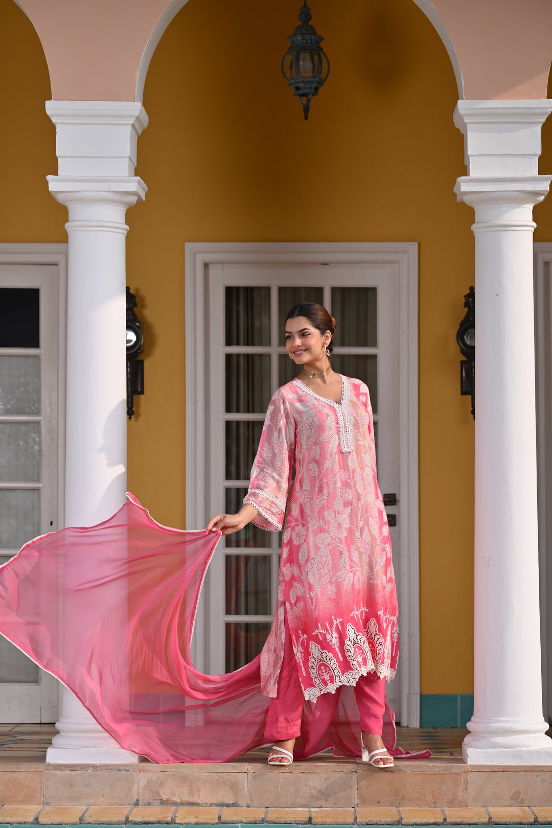 Spring Shaded Pink Muslin Suit Set with Chiffon Dupatta and Lace -SET OF-3 | SHOBITAM