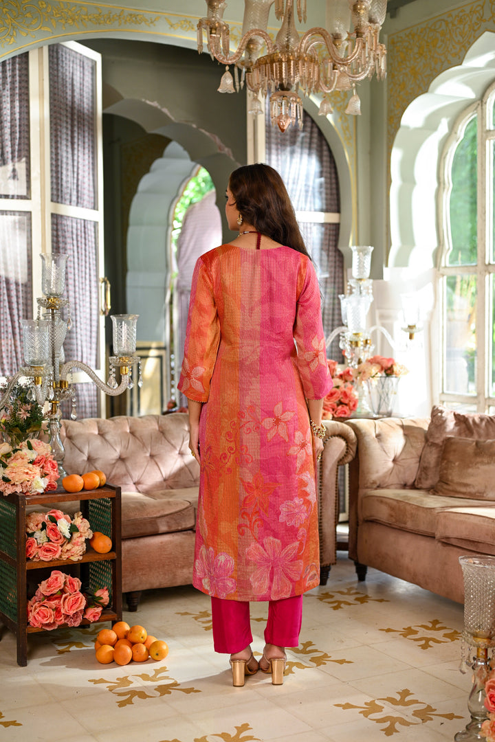 Pink Floral print Suit Set with Sequin , Mirror and Zari work- SET OF-3 | SHOBITAM